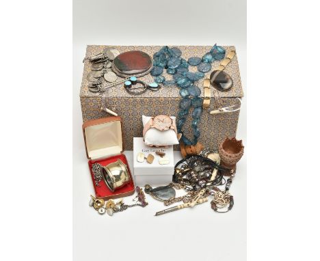 ASSORTED JEWELLERY AND A BOX, to include a silver curb link bracelet, each link stamped with a sterling mark, fitted with a s