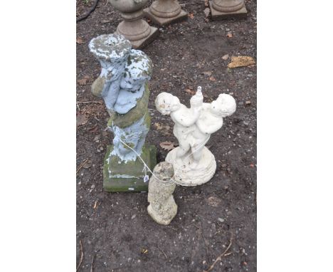 THREE MODERN COMPOSITE GARDEN FIGURES comprising of a small child holding a wicker coned basket height 73cm, two small childr