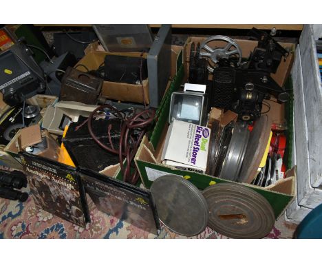 FOUR BOXES AND LOOSE VINTAGE CINE AND PHOTOGRAPHIC EQUIPMENT AND ACCESSORIES,  to include a Kodascope cine projector, Pathesc