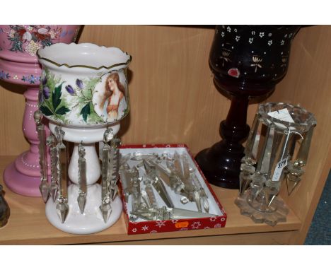 FOUR ASSORTED 19TH AND EARLY 20TH CENTURY GLASS LUSTRES, comprising a clear example with three loose droppers, height 22cm, a