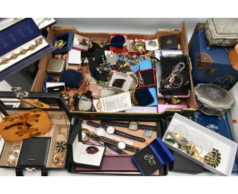 A LARGE QUANTITY OF COSTUME JEWELLERY AND ITEMS, to include a black jewellery box with contents, various smaller jewellery bo