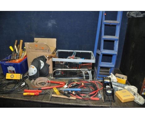 THREE BOXES OF AUTOMOTIVE AND ENGINEERING TOOLS including a Halfords battery charger, car ramps, gear puller, jump leads, spa