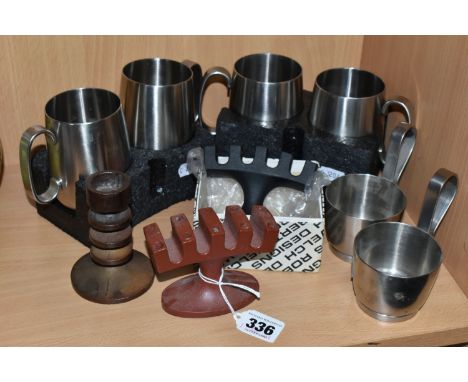 A GROUP OF MID-CENTURY OLD HALL TABLEWARE ROBERT WELCH DESIGNS, three cast iron candle holders comprising, a boxed black ten 