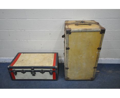 A VINTAGE PALE TAN WARDROBE TRUNK, 58cm squared x height 110cm, along with another traveling trunk (condition report: wardrob