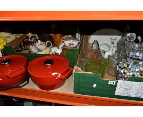 THREE BOXES OF KITCHENWARE, comprising a yellow 'Waterford' Colorcast 11 cast iron oven dish, a cast skillet, two covered lar