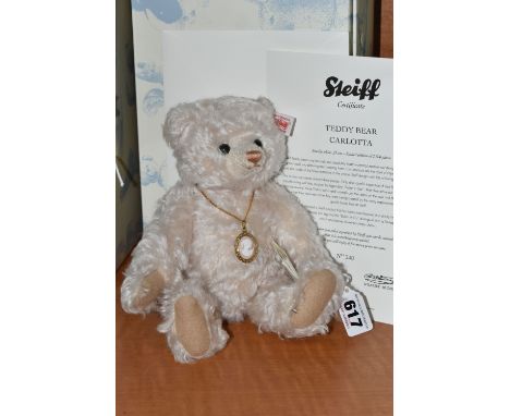 A BOXED STEIFF LIMITED EDITION 'TEDDY BEAR CARLOTTA', no.034763, limited edition no.340/1500, smoky white mohair, wearing cam