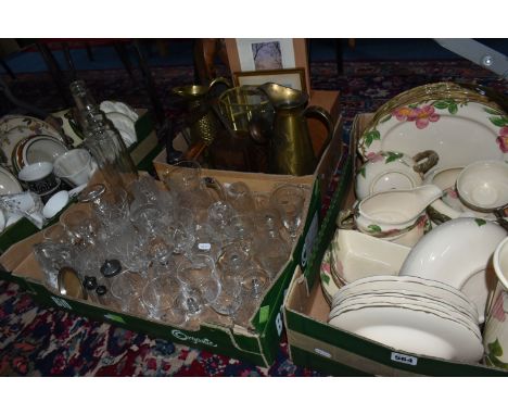 FOUR BOXES OF CERAMICS, GLASS AND SUNDRY ITEMS ETC, to include two Whitefriars Glacier whisky glasses - one with nibbles to t