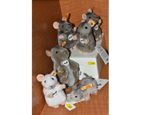 A GROUP OF STEIFF MICE, comprising 'Pieps' mouse 056130, height 11cm, three 'Piff' Mice 056222, height 10cm and one box, a wh