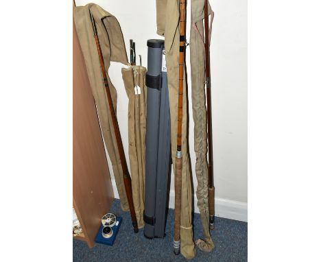 A GROUP OF VINTAGE FISHING RODS, REELS AND A BMW REAR PARCEL SHELF, comprising BMW parcel shelf code No. EG 060018 - SK46, a 