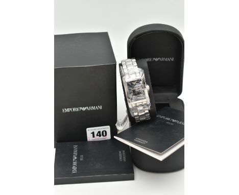 AN EMPORIO ARMANI GENTLEMAN'S WRISTWATCH, the rectangular black face with Roman numerals and subsidiary seconds dial, reverse