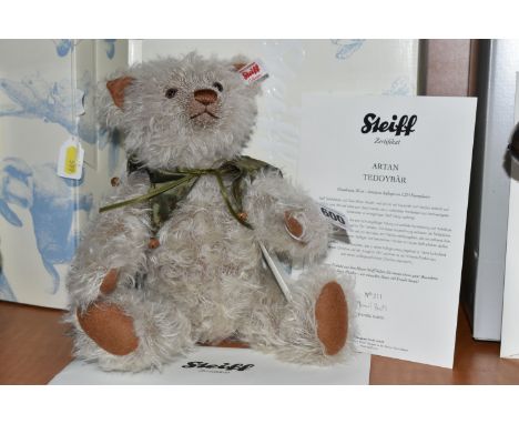 A BOXED STEIFF LIMITED EDITION 'ARTAN TEDDY BEAR', no.021756, ltd ed no. 211/1225, grey brown mohair, height 30cm, tag and la