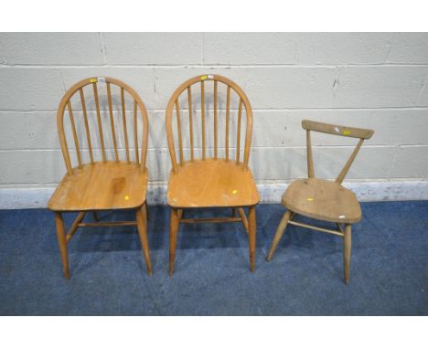 A PAIR OF ERCOL ELM AND BEECH KITCHEN CHAIRS, along with an Ercol style child's stacking chair (condition report: surface mar