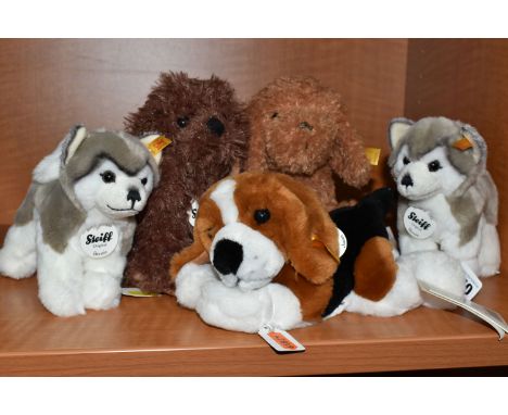 FIVE STEIFF PUPPY DOGS, comprising Bonnie Puppy 083556, Timmy Puppy 083525, two Bernie Husky 104985, and James Beagle 280290 