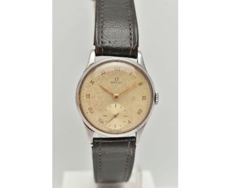 AN 'OMEGA' WRISTWATCH, hand wound movement, round dial signed 'Omega', Roman numerals, subsidiary second dial at the six o' c