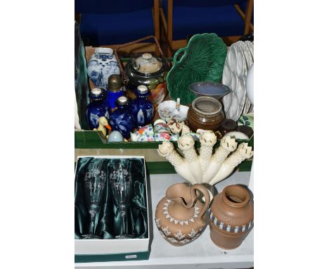 TWO BOXES AND LOOSE CERAMICS AND GLASS, to include three blue floral pattern vases with silver mounts, a Doulton Lambeth Sili