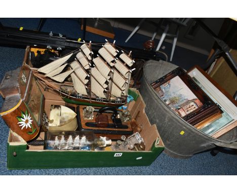 TWO BOXES AND LOOSE ASSORTED SUNDRY ITEMS ETC, to include a ship in a bottle, a wooden model of a ship, wooden desk stand, tr