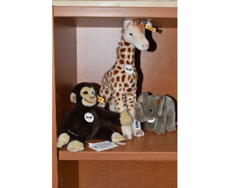 THREE STEIFF 'BEST FOR KIDS' ANIMALS, comprising 'Bendy' giraffe, no. 064340, acrylic, height 40cm, 'Koko' chimpanzee, no.280