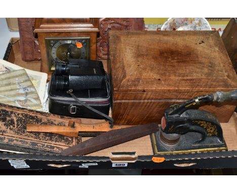 A BOX OF SUNDRY ITEMS, TO INCLUDE A PAIR OF BAUSCH &amp; LOMB BINOCULARS, 10x28 magnification with case, a Elliot mantle cloc