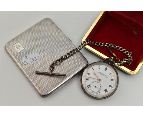 A SILVER OPEN FACE POCKET WATCH WITH ALBERT CHAIN AND A CIGARETTE CASE, key wound movement, round white Roman numeral dial si