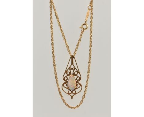 AN 18CT GOLD OPAL PENDANT WITH CHAIN, open work scrolling pattern pendant, set with a pear cut opal cabochon, showing flashes