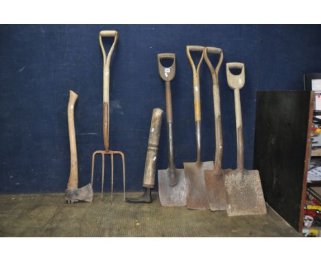A COLLECTION OF WOODEN HANDLED VINTAGE GARDEN TOOLS including three spades, a shovel , a fork, a modern axe and a shoe last (