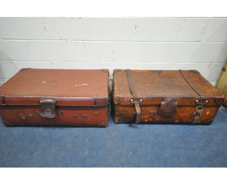 A PEARL AND CO TANNED LEATHER TRAVELING TRUNK, width 93cm x depth 56cm x height 34cm, along with another leather traveling tr
