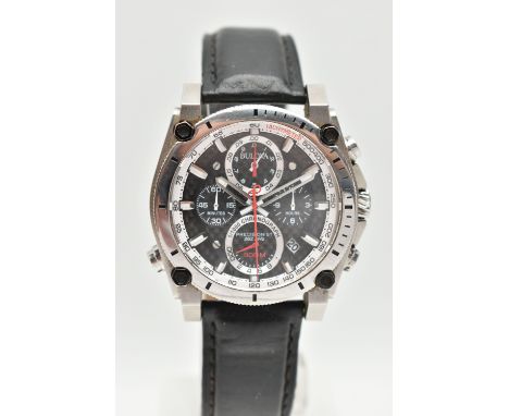 A GENTS BOXED 'BULOVA' WRISTWATCH, quartz chronograph watch, round black dial signed 'Bulova, Precisionist', baton markers, f