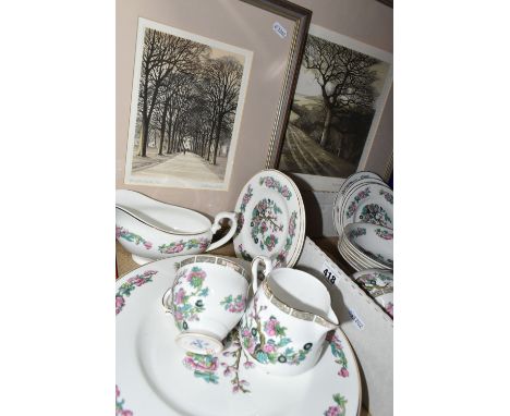 A GROUP OF INDIAN TREE PATTERNED DINNERWARE AND TWO FRAMED LIMITED EDITION PRINTS, comprising six dinner plates, six side pla