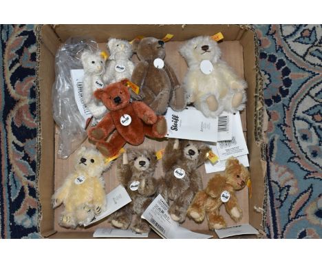 A BOX CONTAINING EIGHT MINIATURE STEIFF MOHAIR TEDDY BEARS, comprising 040009, two 040023, 040290, 001109, 040054, 040252 and