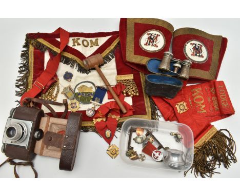 A BOX OF ASSORTED MASONIC ITEMS, to include an apron, a sash and a pair of gauntlets, also including three silver hallmarked 