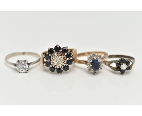 FOUR GEM SET RINGS, the first a 9ct gold sapphire and diamond cluster ring, hallmarked 9ct London, ring size N 1/2, the secon