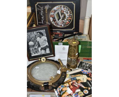 ONE BOX OF EPHEMERA &amp; LOOSE, to include four framed and two unframed Derby County photographs, a framed Derby County 'Thr