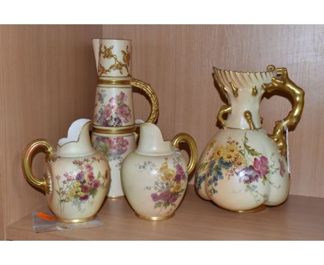 FOUR ROYAL WORCESTER BLUSH IVORY JUGS, comprising a lobed coral jug, shape no 1507, printed and tinted with floral sprays, da