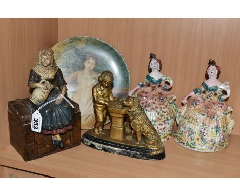 TWO 19TH CENTURY STAFFORDSHIRE LADIES BOUDOIR POTS, crinoline ladies with pots underneath the skirt (one has a broken fan),  