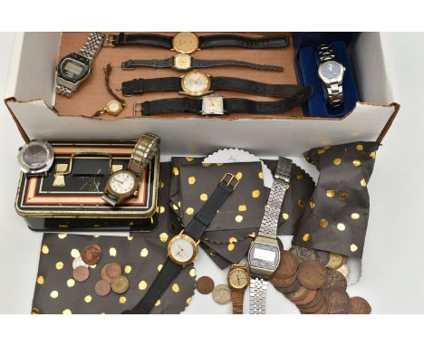 A BAG OF ASSORTED WATCHES, JEWELLERY AND COINS, a selection of ladies and gents watches, names to include Timex, Accurist, Sa