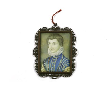 E Muller, 19th CenturyPORTRAIT OF A GENTLEMAN IN A BLUE EMBROIDERED DOUBLET AND LACE RUFFsigned m.r., watercolour and bodycol