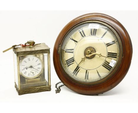 A curious brass and five glass alarm clock, the movement with engraved back plate and striking on a bell, together with a pos