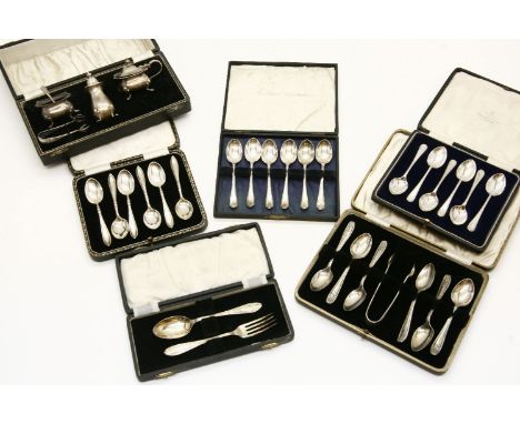 A collection of silverware, to include four cased sets of teaspoons, a cased silver fork and spoon, and a cased silver Adie B