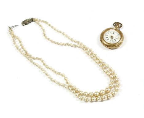 A Swiss gold open faced pocket watch, with white enamel dial and Arabic numerals, marked 14k (bow not gold), 27.13g, a two ro