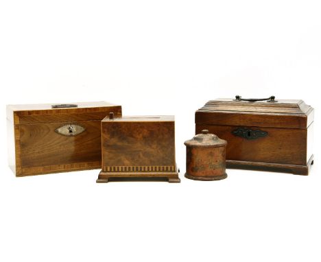 A George lll mahogany and crossbanded  tea caddy, with silver plate mounted  escutcheon and handle, 21cm wide, together with 