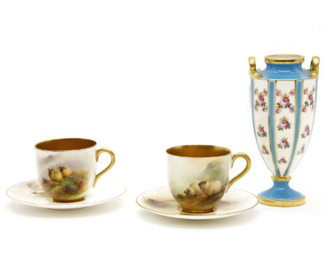 A pair of Royal Worcester cups and saucers, signed 'E. Barker' and a small Minton vase, 12.25cm high