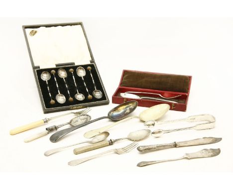 A quantity of silver and silver plated cutlery, to include a set of Art Deco silver and enamel coffee spoons, Victorian sugar