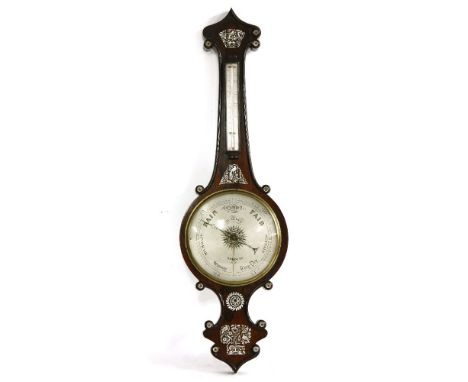 A William IV period rosewood barometer with profuse mother of pearl decoration, the 10i nch dial with convex glass beneath bo