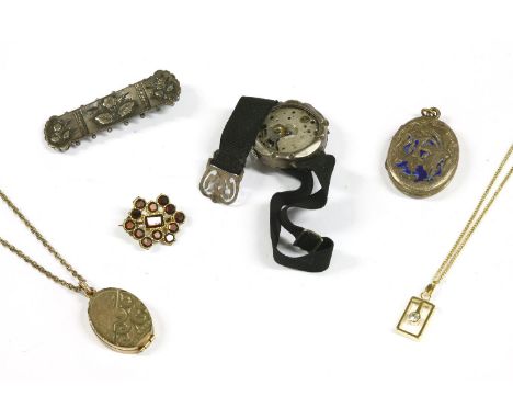 A collection of costume jewellery in two boxes, to include a Victorian silver engraved bar brooch with ball border, two front