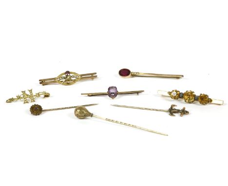 A collection of brooches and stick pins, to include a gold single stone amethyst bar brooch, marked 9ct (pin not gold), 2.01g