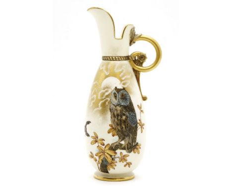 A Royal Worcester blush ivory ewer, decorated with an owl sitting on a branch and other birds in flight, 23.5cm high