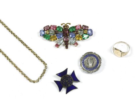 A collection of costume jewellery, to include a gilt metal multi-coloured paste stone butterfly, a two row graduated simulate