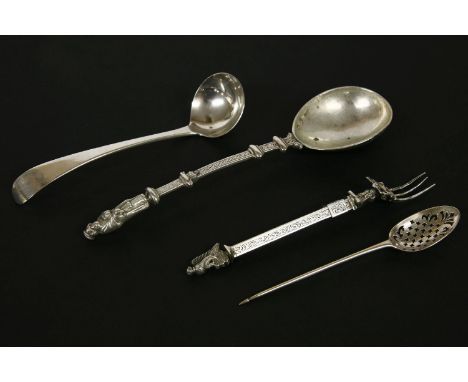 Four silver cutlery items, comprising: a mote spoon, indistinct marks, a folding fork, 1895 import marks for Edwin Thompson B