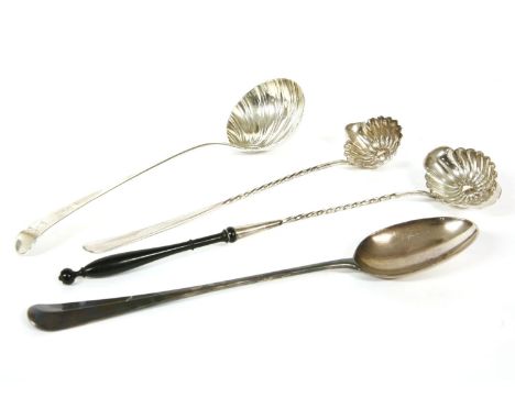 Two white metal Christofle punch ladles, and a silver ladle, possibly London 1759, and a plated basting spoon