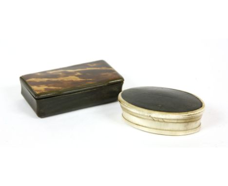 An 18th century horn snuff box, 7cm wide, together with a horn and tortoiseshell snuff box of rectangular form, 7.5cm wide